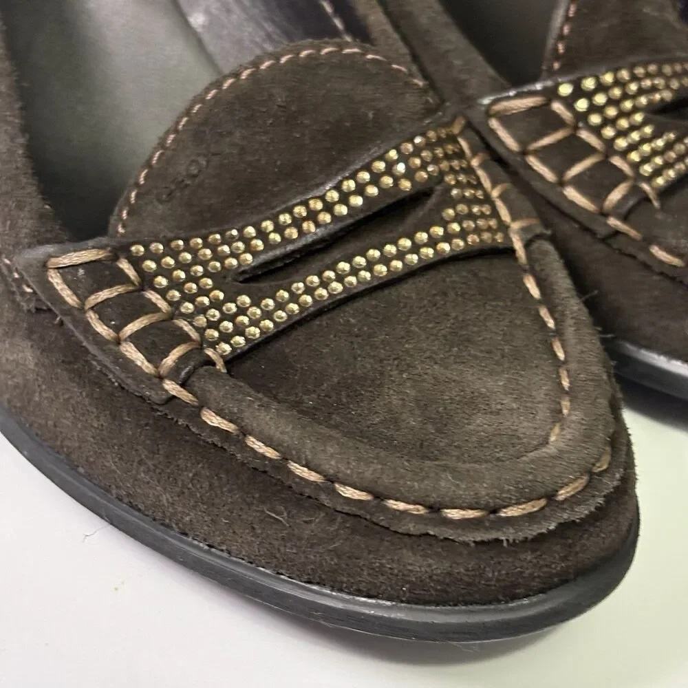 Geox Womens Brown Suede Wedge Loafer Rhinestone US 8.5 EU 38.5 Old Money Classic